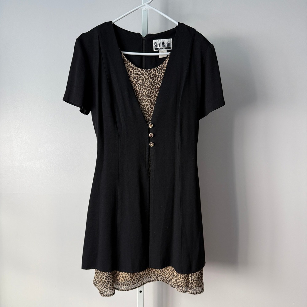 VTG Sheri Martin 8 Black Leopard Faux Layered Mini Dress 90s Twee Teacher Quirky